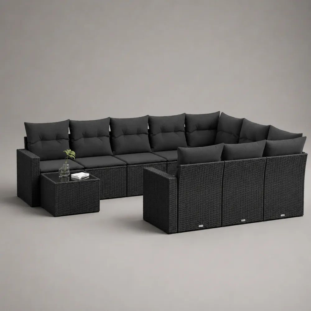 Set divano modulare da giardino 11 pezzi, 10 posti, in polyrattan nero con cuscini antracite e tavolino, 330 × 220 × 74 cm