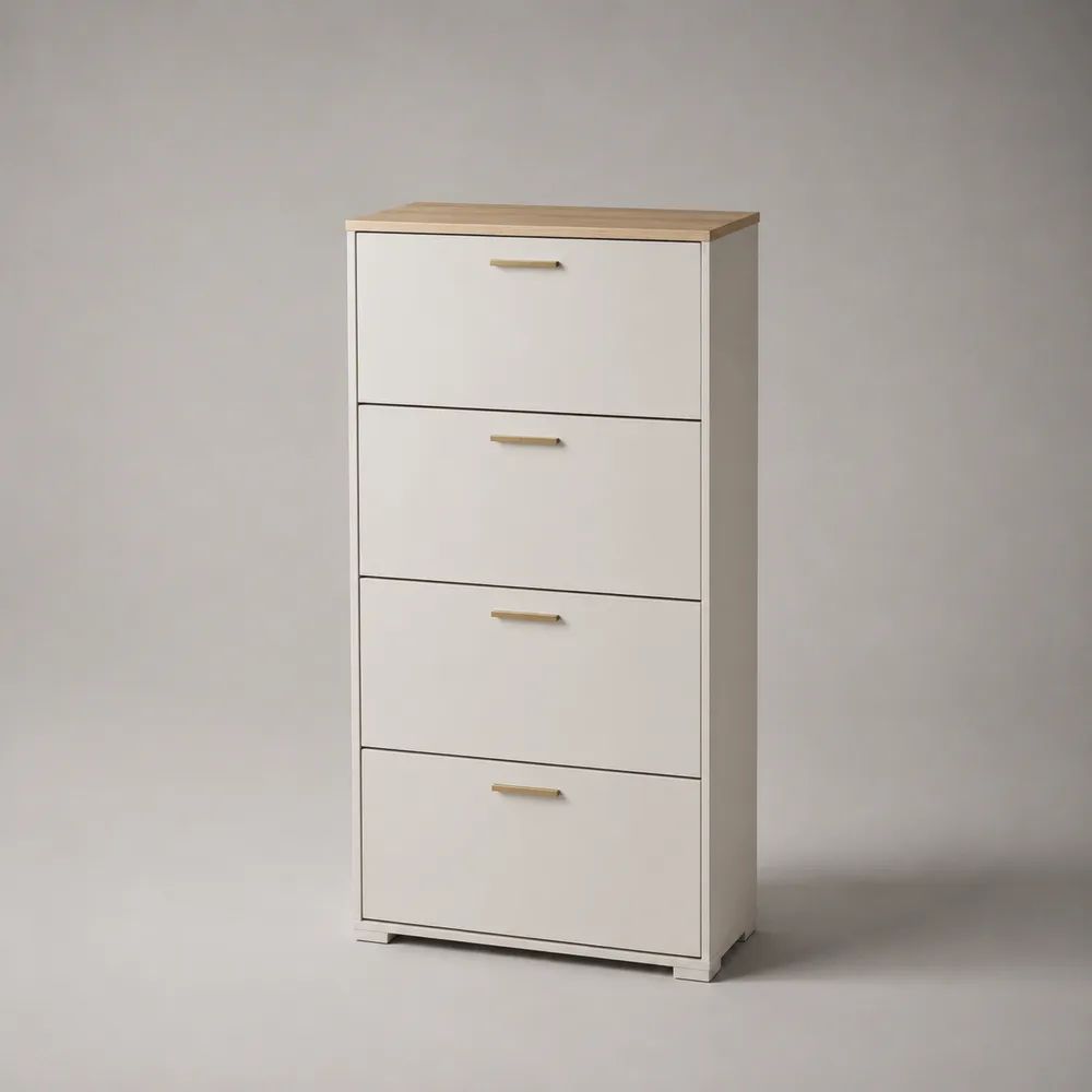Scarpiera salvaspazio rettangolare a 4 ante ribaltabili in pannello truciolare, bianco e rovere naturale, 60 × 24 × 120 cm