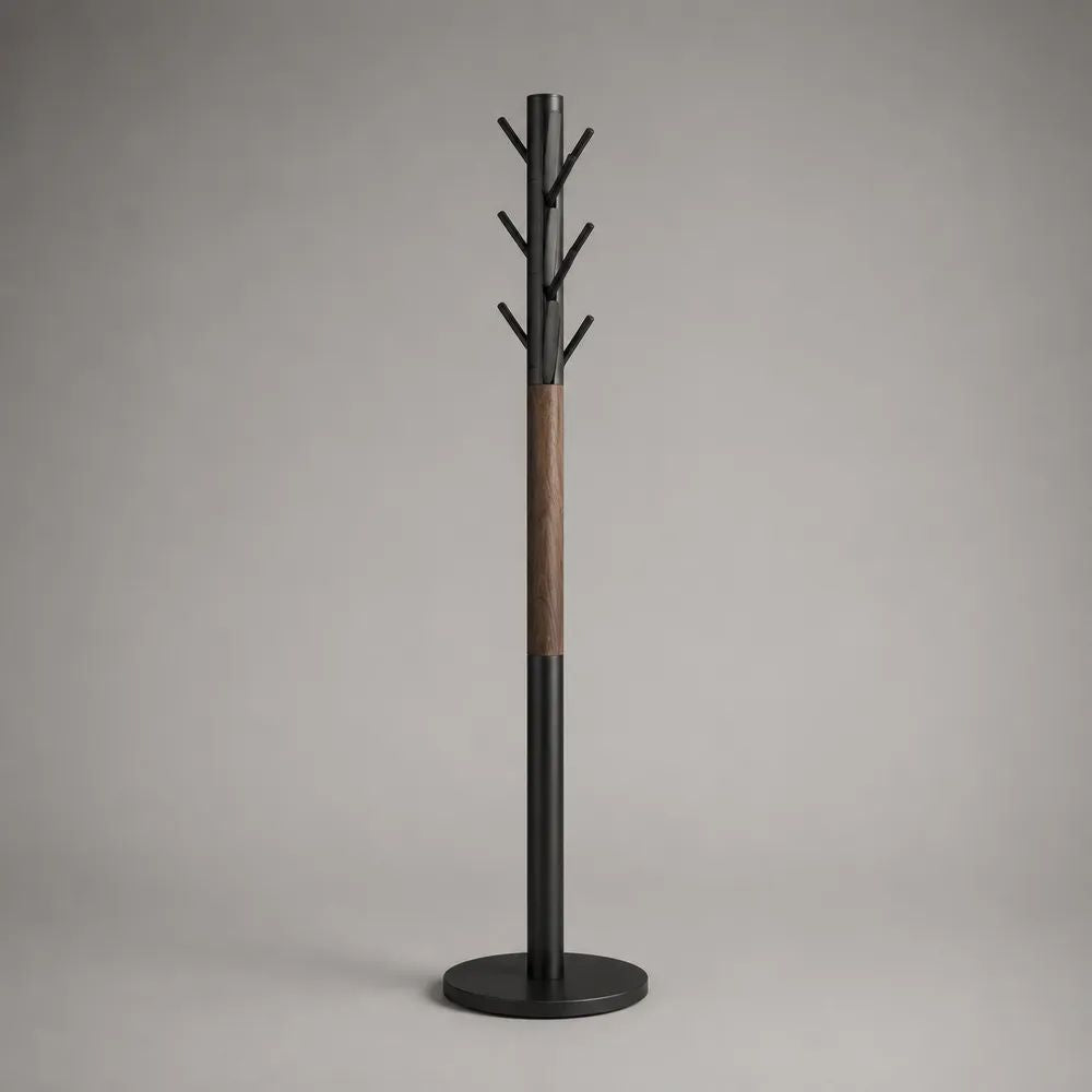 Appendiabiti da terra a colonna in acciaio e legno massello, nero e marrone noce, 40 x 40 x 175 cm