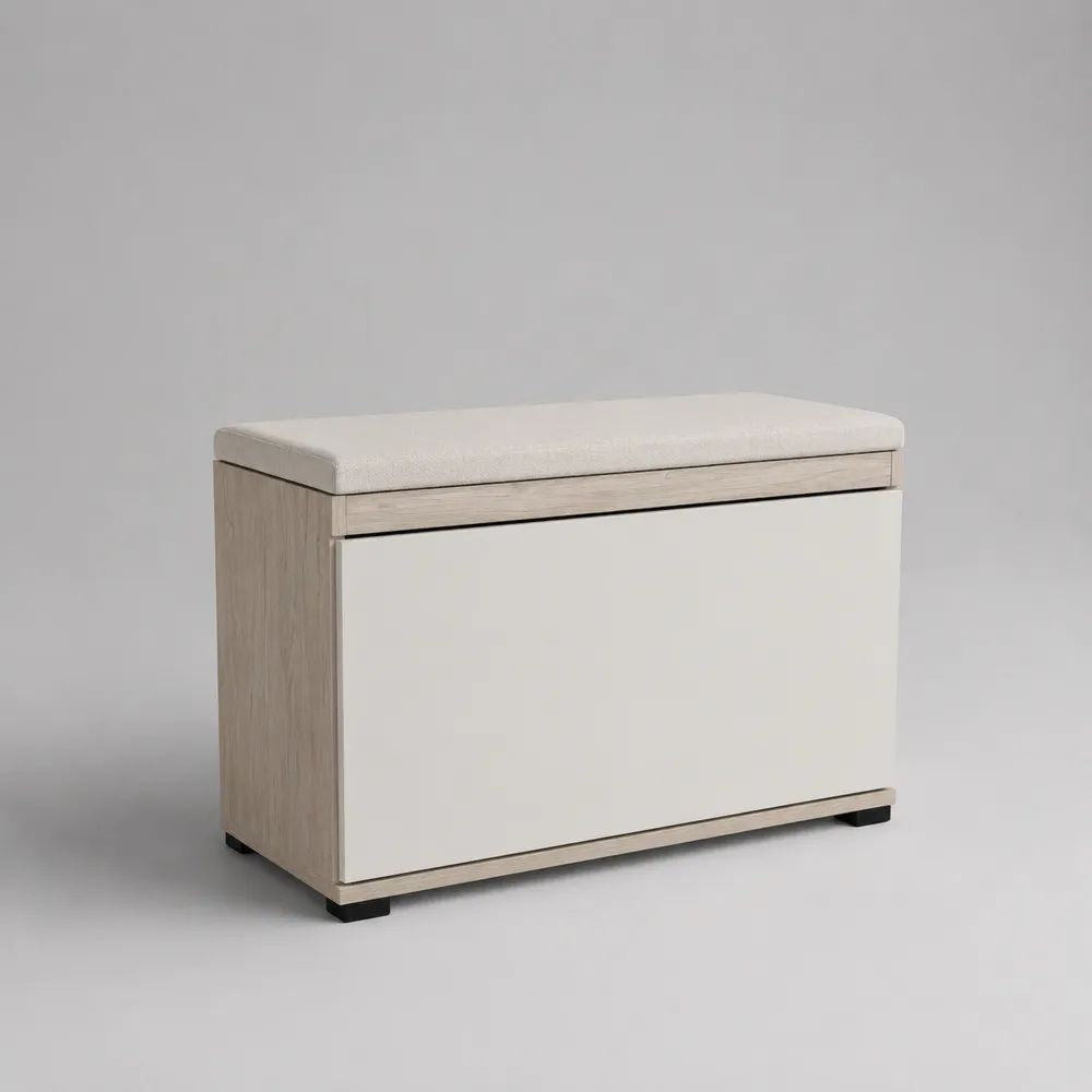 Scarpiera con panca imbottita e anta a ribalta in MDF, bianco crema, rovere sbiancato e nero, 80 × 30 × 50 cm
