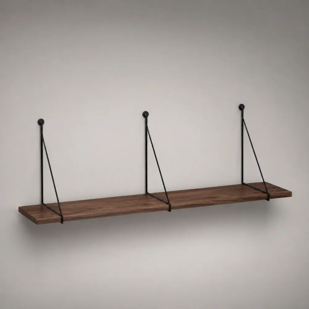 Mensola da parete sospesa rettangolare in legno massello e acciaio, marrone noce e nero, 120 x 20 x 40 cm