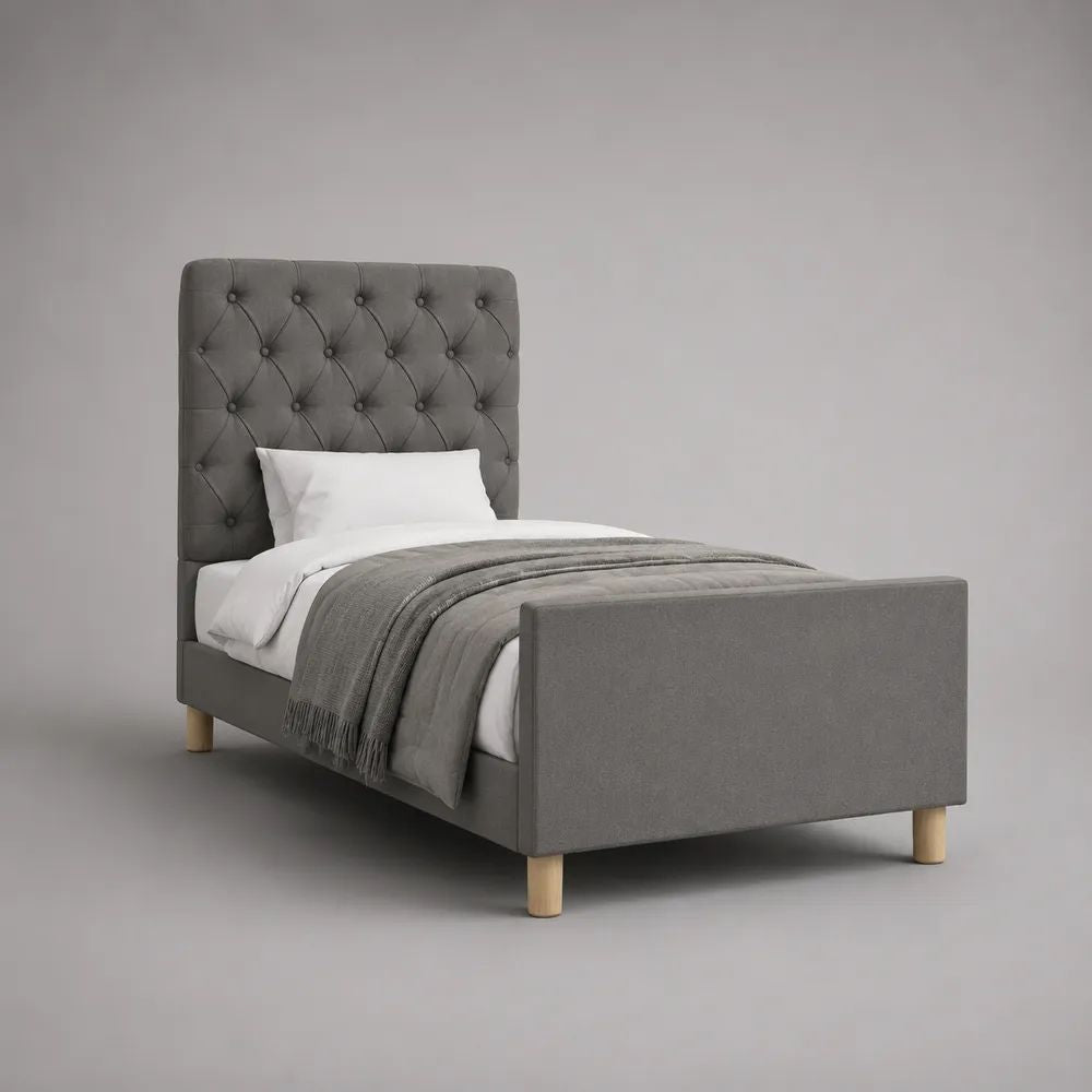 Letto singolo imbottito in tessuto grigio con testiera capitonné e pediera, 99 x 214 x 125 cm, per materasso 90 x 200 cm