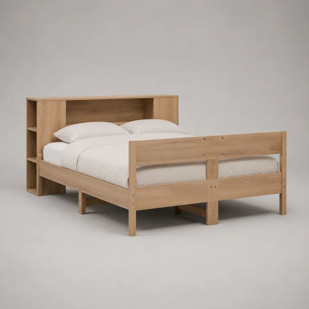 Letto matrimoniale 160 x 200 cm con testiera libreria, 218 x 171 x 120 cm, rovere naturale