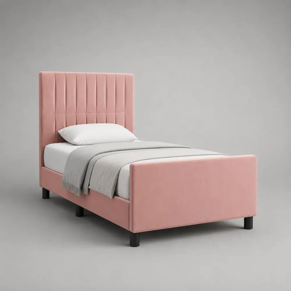 Letto singolo imbottito in velluto rosa cipria 90 x 200 cm, dimensioni 213 x 101 x 120 cm, con testiera alta e pediera