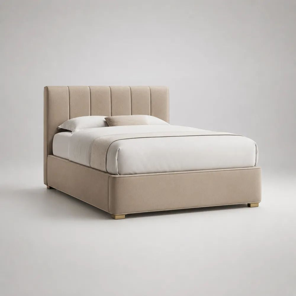 Letto matrimoniale imbottito beige in poliestere con testiera a pannelli e rete a doghe, per materasso 160 x 200 cm, dimensioni 178 x 218 x 110 cm