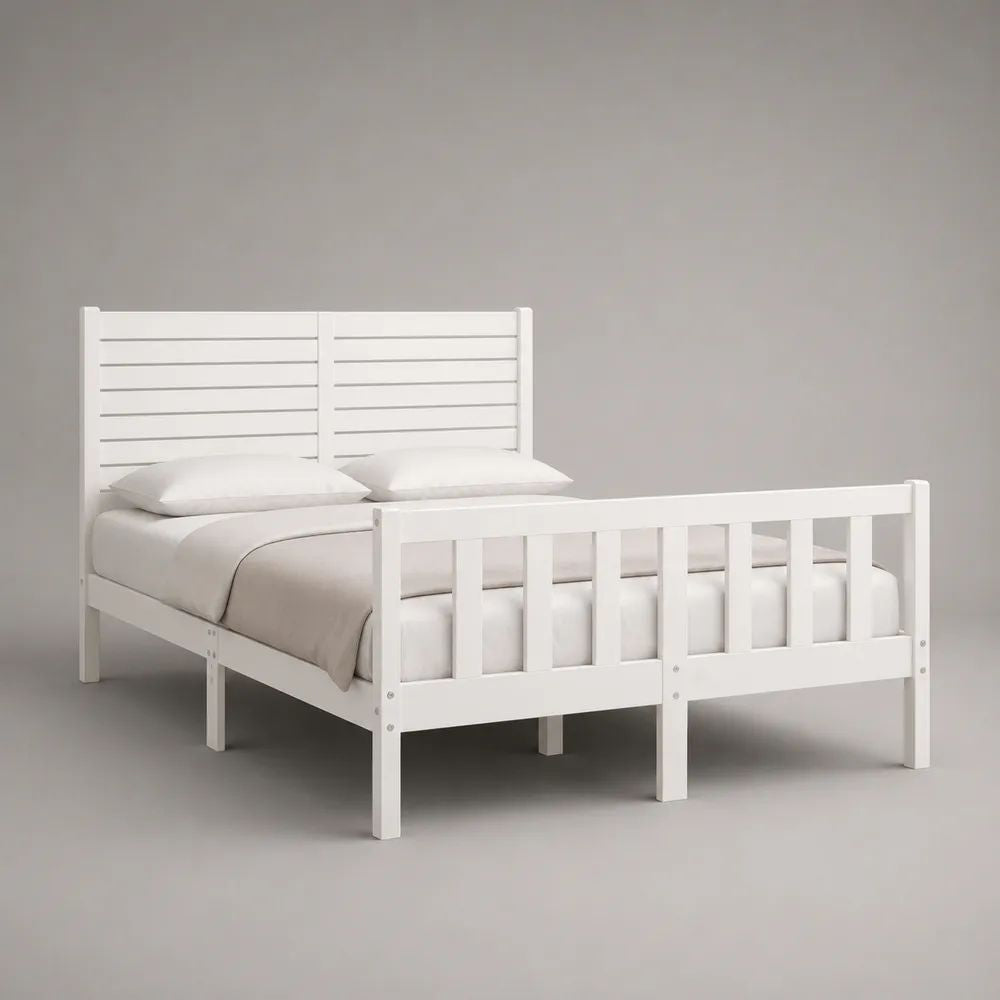 Letto matrimoniale rettangolare in legno bianco con rete a doghe, per materasso 160 x 200 cm, dimensioni 208 x 168 x 110 cm