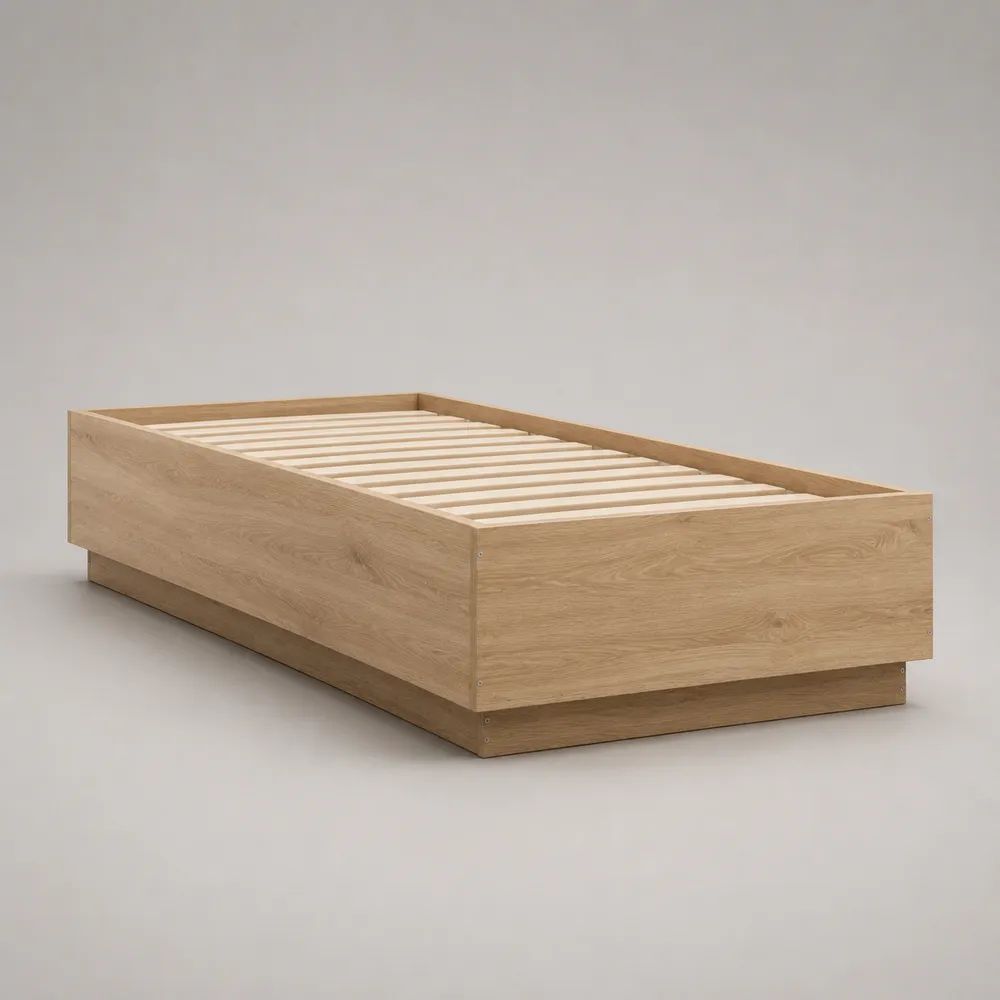 Letto singolo rettangolare in legno con rete a doghe, effetto rovere naturale, per materasso 90 x 200 cm, 96 x 205 x 55 cm