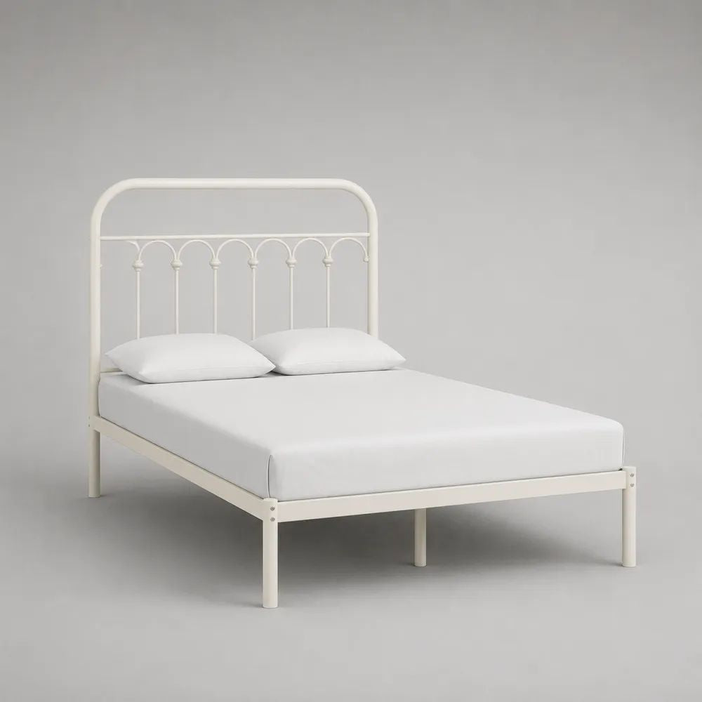 Letto matrimoniale in acciaio bianco avorio per materasso 160 x 200 cm, 208 x 166 x 110 cm, con testiera ad archi