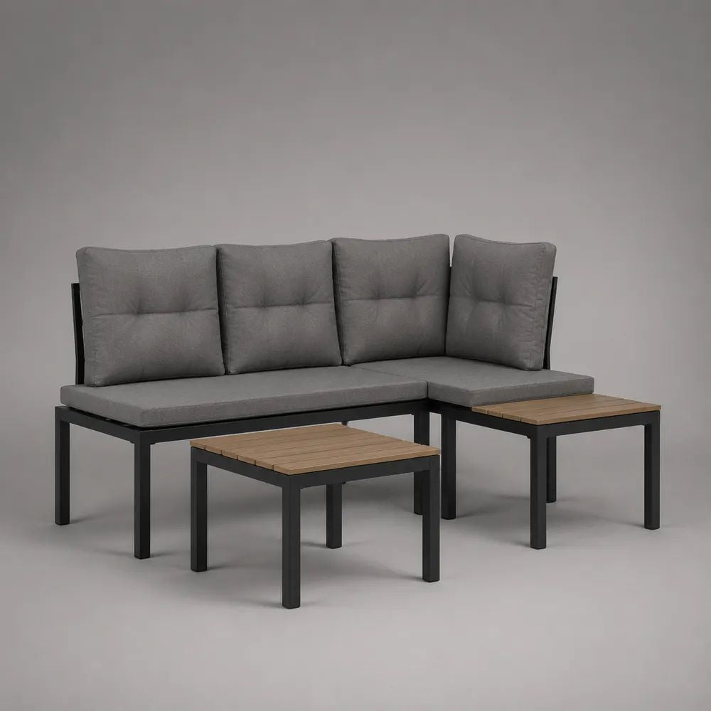 Set salotto da giardino angolare 4 posti in acciaio e acacia con cuscini grigi, 220 x 140 x 78 cm