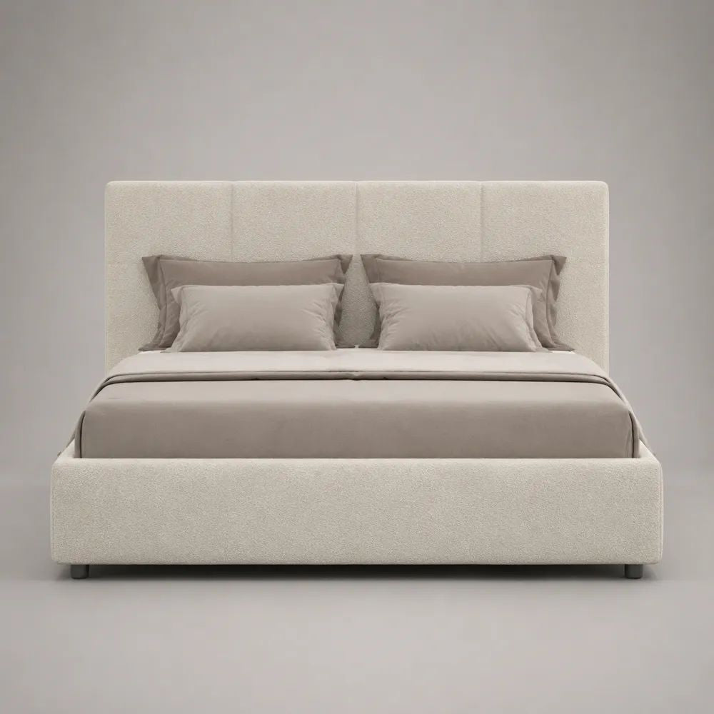 Letto matrimoniale imbottito in tessuto bouclé avorio, 180 x 215 x 120 cm, per materasso 160 x 200 cm