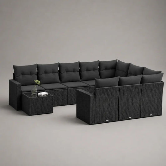 Set divano modulare da giardino 11 pezzi, 10 posti, in polyrattan nero con cuscini antracite e tavolino, 330 × 220 × 74 cm