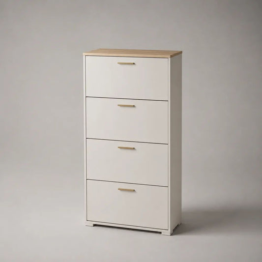 Scarpiera salvaspazio rettangolare a 4 ante ribaltabili in pannello truciolare, bianco e rovere naturale, 60 × 24 × 120 cm