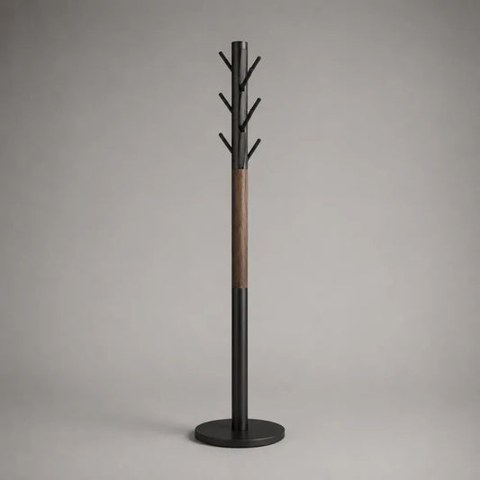 Appendiabiti da terra a colonna in acciaio e legno massello, nero e marrone noce, 40 x 40 x 175 cm