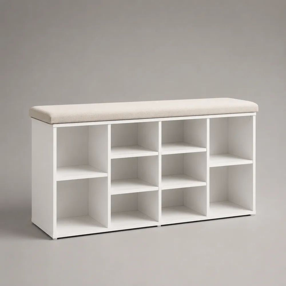 Scarpiera rettangolare con panca imbottita e 10 vani, in pannello truciolare, bianca e beige, 100 x 30 x 52 cm