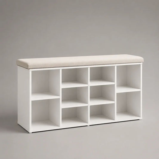 Scarpiera rettangolare con panca imbottita e 10 vani, in pannello truciolare, bianca e beige, 100 x 30 x 52 cm