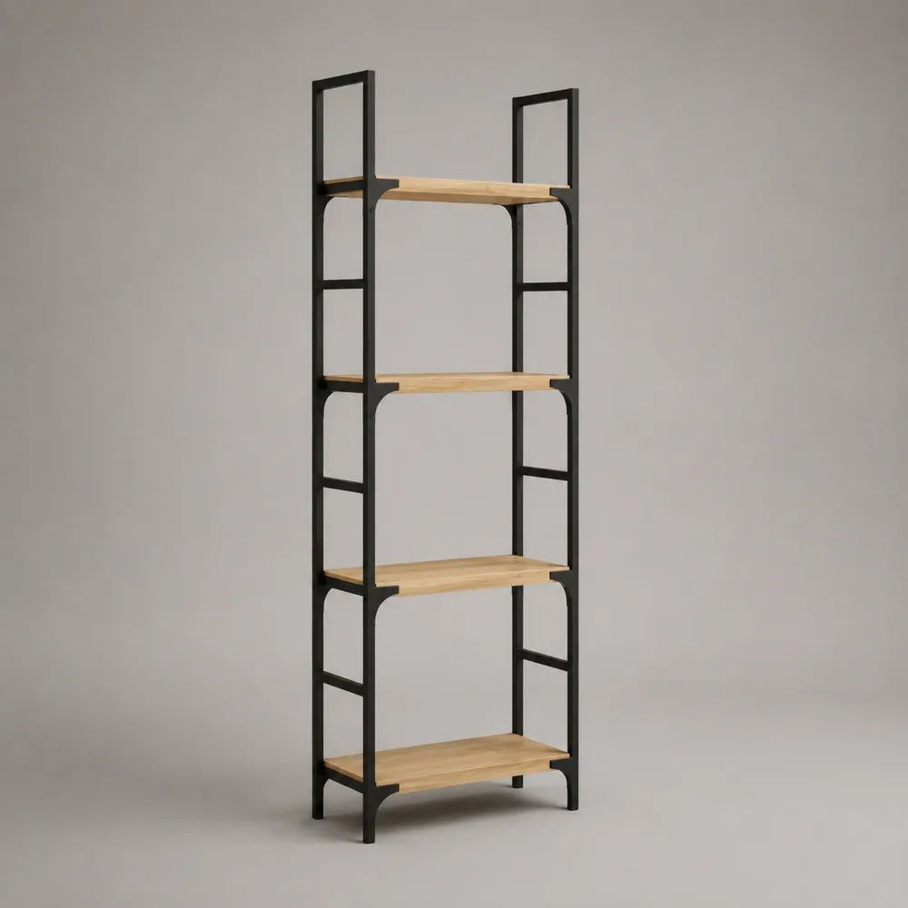 Libreria rettangolare a 4 ripiani in acciaio e MDF, nero e rovere naturale, 60 × 30 × 180 cm