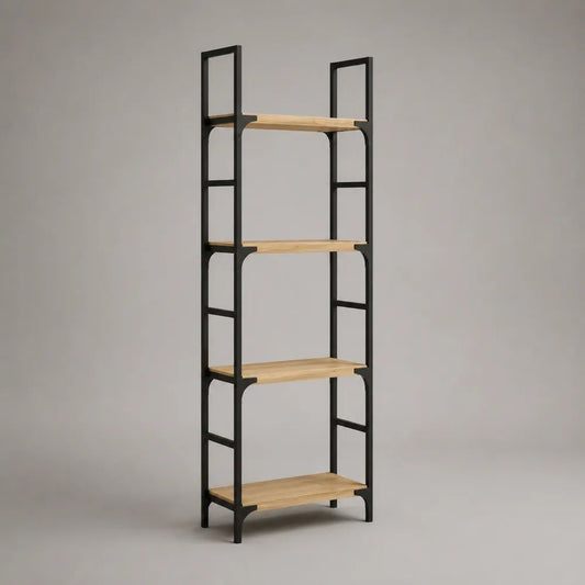 Libreria rettangolare a 4 ripiani in acciaio e MDF, nero e rovere naturale, 60 × 30 × 180 cm