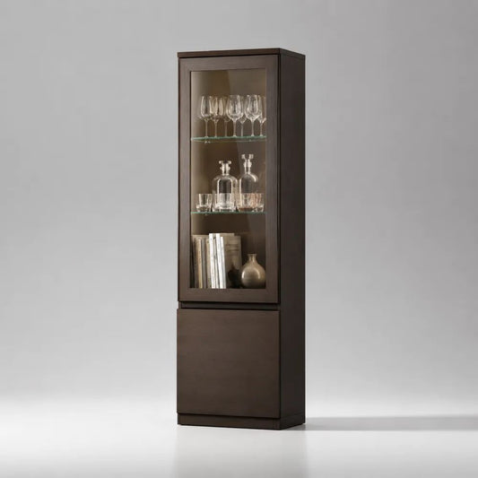 Vetrina alta da interno in MDF e vetro temperato, marrone scuro e trasparente, 60 x 40 x 190 cm