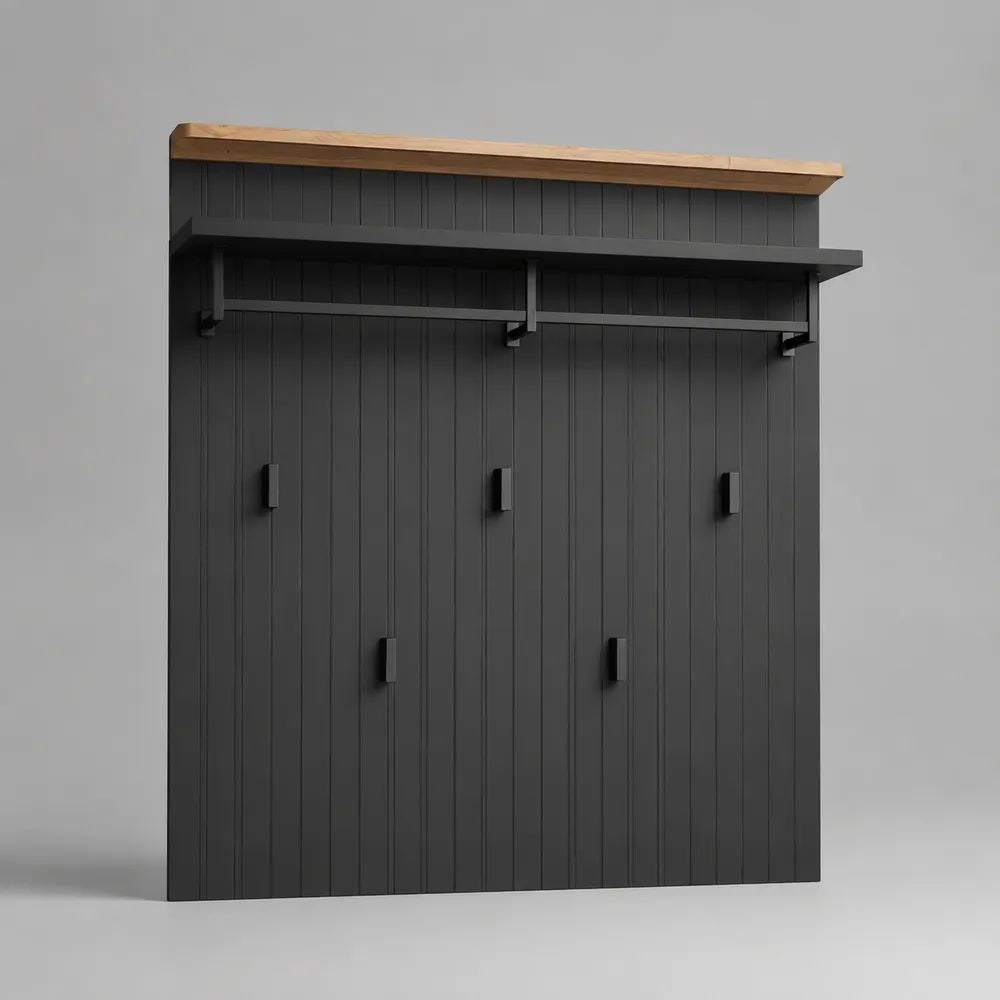 Pannello appendiabiti da parete in MDF e metallo con 5 ganci, 2 barre e 2 mensole, nero e rovere naturale, 120 × 24 × 150 cm
