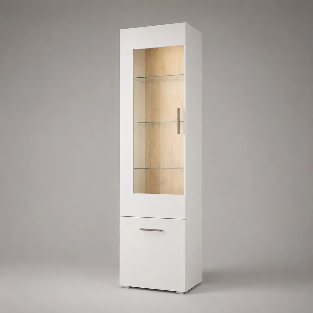 Vetrina alta da interno in legno e vetro con illuminazione LED, bianco e rovere chiaro, 50 x 40 x 190 cm