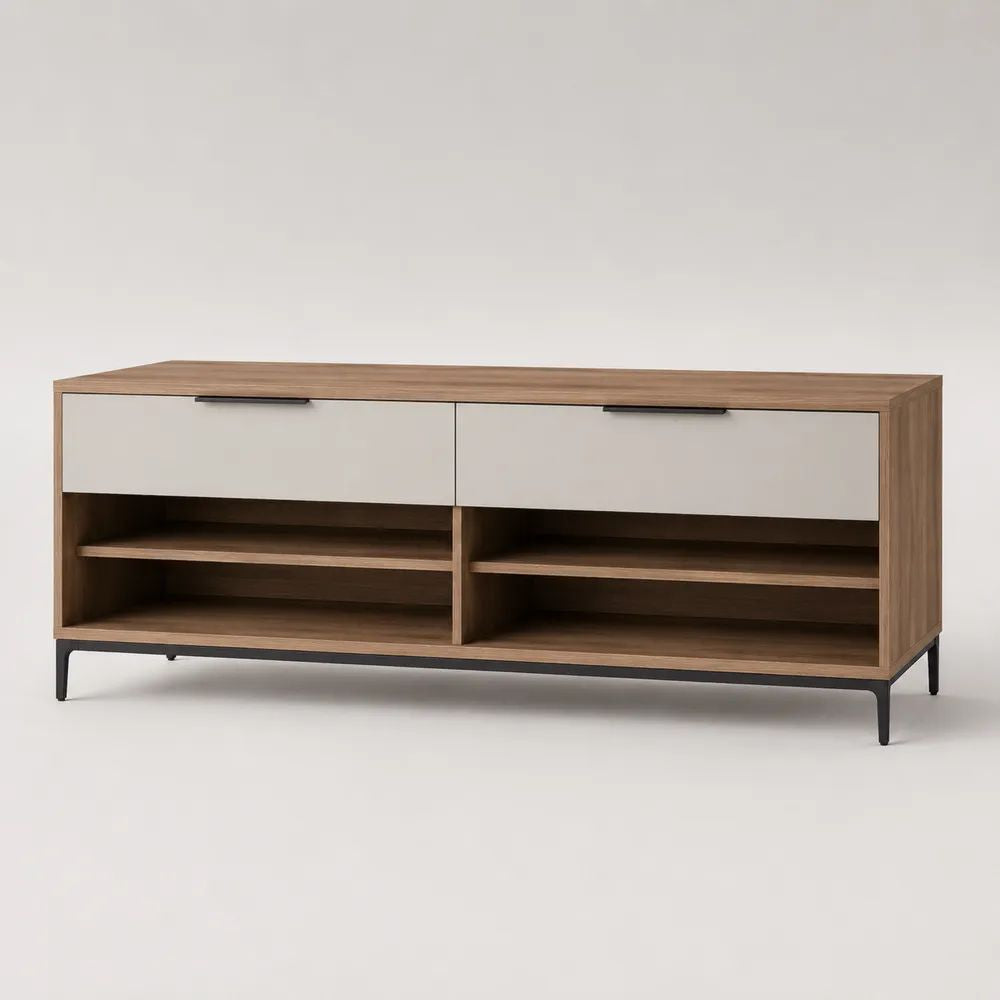 Scarpiera da ingresso con 2 cassetti e 4 vani, in truciolare melaminico noce e beige con struttura in acciaio nero, 120 x 35 x 70 cm