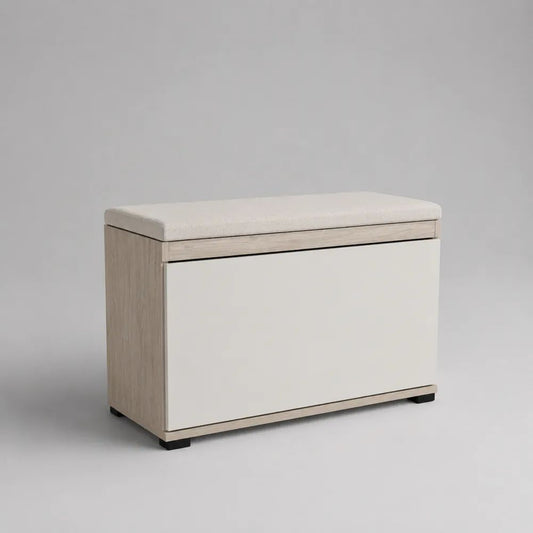 Scarpiera con panca imbottita e anta a ribalta in MDF, bianco crema, rovere sbiancato e nero, 80 × 30 × 50 cm
