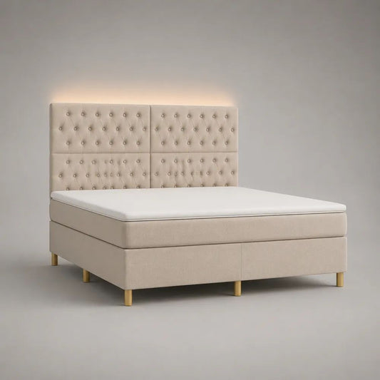 Letto matrimoniale boxspring beige in poliestere con testiera capitonné, materasso e sovramaterasso, superficie di riposo 160 x 200 cm, dimensioni 170 x 210 x 130 cm