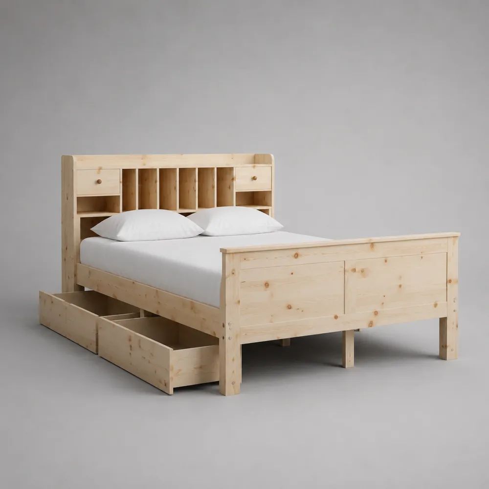 Letto matrimoniale in legno 160 x 200 cm naturale con testiera libreria e 2 cassetti sottoletto