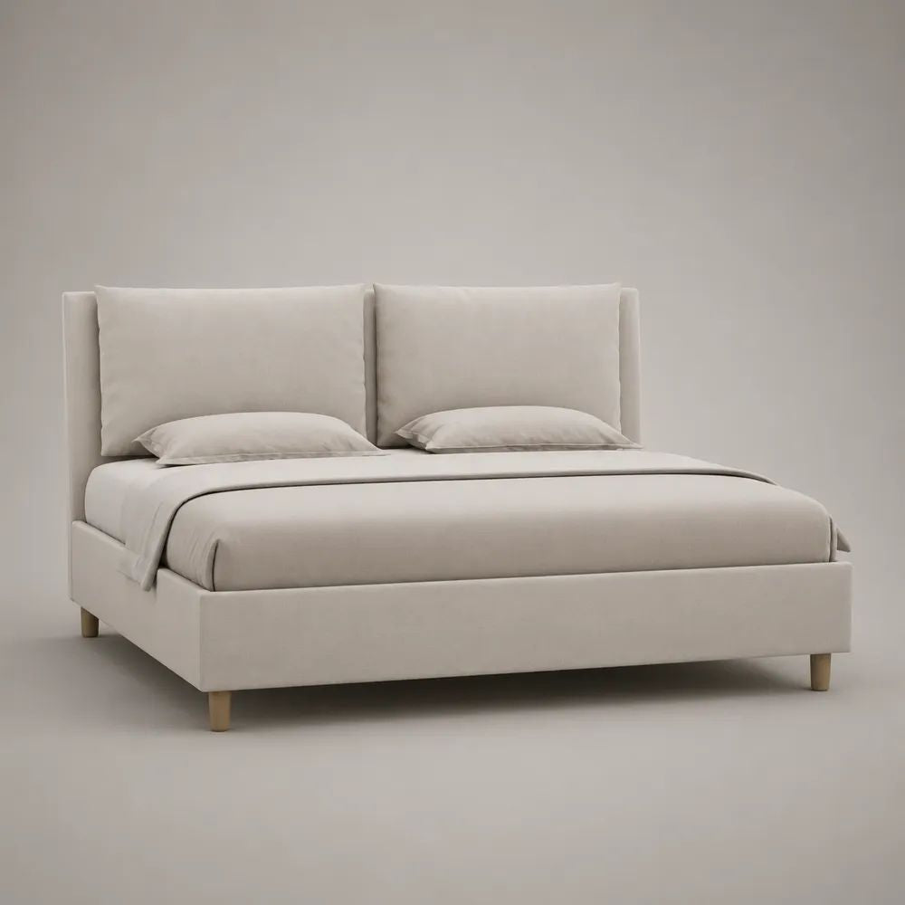 Letto matrimoniale imbottito beige 160 x 200 cm in poliestere con testiera a cuscini, rete a doghe e gambe in legno naturale
