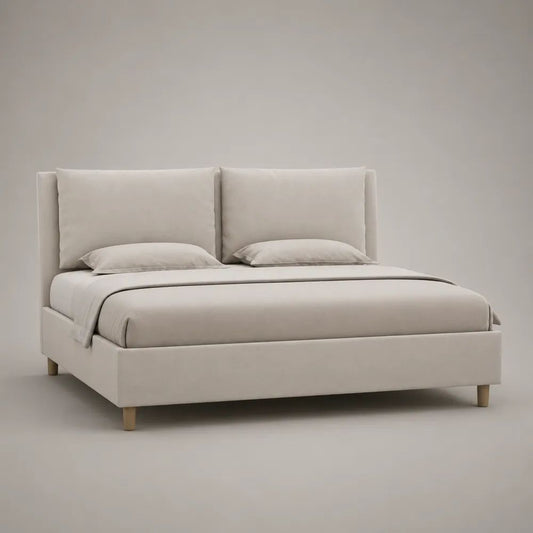 Letto matrimoniale imbottito beige 160 x 200 cm in poliestere con testiera a cuscini, rete a doghe e gambe in legno naturale