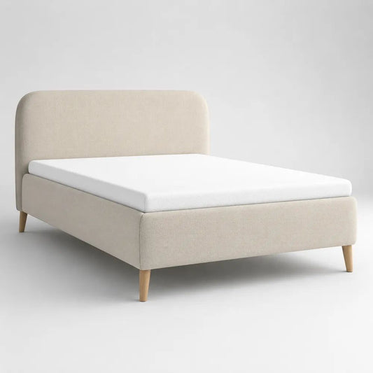 Letto matrimoniale imbottito 160 x 200 cm in tessuto beige con testiera, rete a doghe e gambe in legno massello