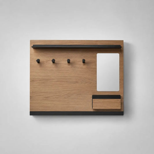 Mensola da parete rettangolare con specchio, 4 ganci e vano portaoggetti, legno e metallo, rovere naturale e nero, 80 x 15 x 65 cm