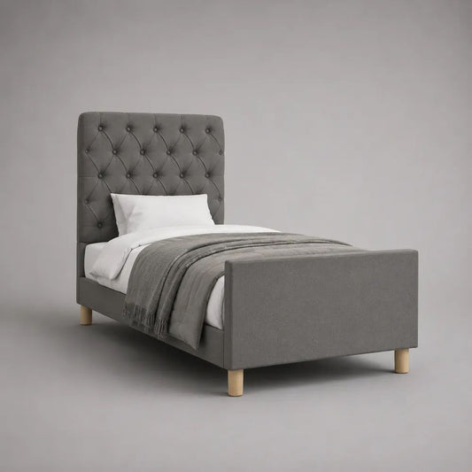 Letto singolo imbottito in tessuto grigio con testiera capitonné e pediera, 99 x 214 x 125 cm, per materasso 90 x 200 cm
