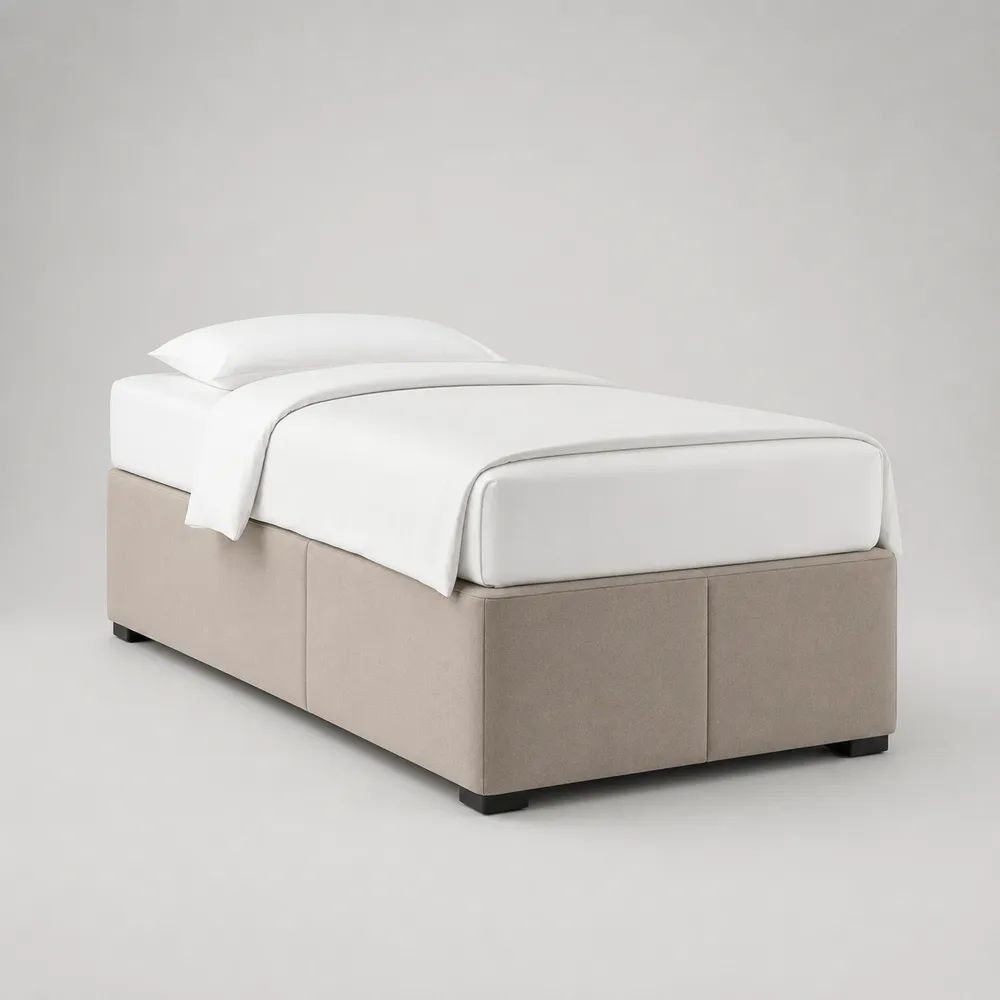Set letto singolo imbottito con base e materasso, 90 × 200 × 55 cm, beige e bianco