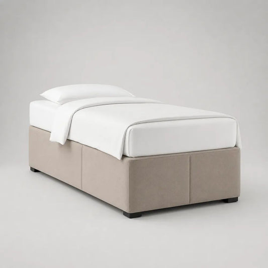 Set letto singolo imbottito con base e materasso, 90 × 200 × 55 cm, beige e bianco