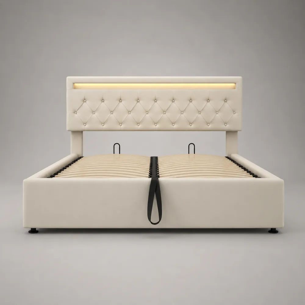 Letto matrimoniale contenitore 180 × 200 cm in pelle sintetica PU avorio e nero, dimensioni 215 × 196 × 112 cm, con rete a doghe, testiera capitonné e LED