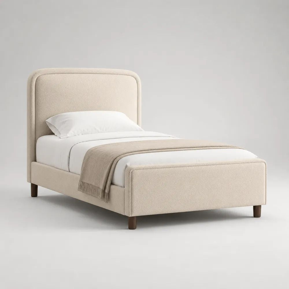 Letto singolo imbottito in tessuto bouclé beige 105 x 215 x 120 cm, con testiera, pediera e rete a doghe, per materasso 90 x 200 cm