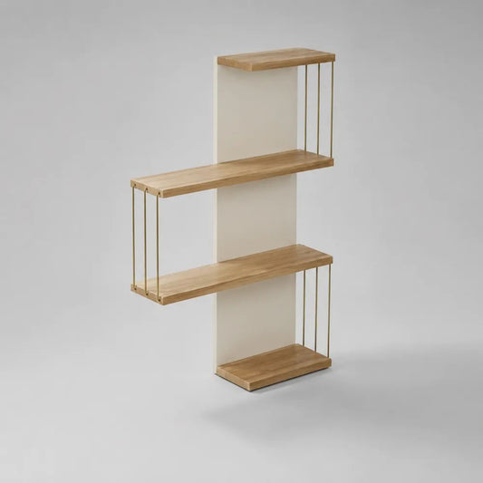 Libreria autoportante a zig zag in legno e acciaio, naturale, bianco e oro, 80 x 25 x 130 cm