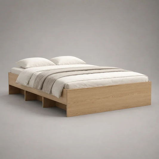 Letto matrimoniale 160 x 200 cm in pannelli melaminici effetto rovere naturale con vani aperti, 206 x 166 x 40 cm