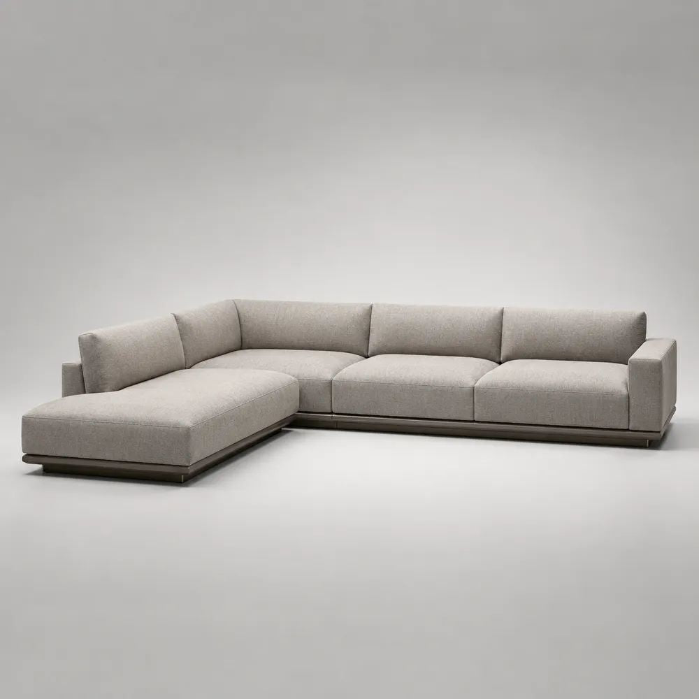 Divano da giardino angolare modulare a 4 posti in tessuto grigio chiaro e metallo antracite con penisola sinistra, 300 x 170 x 75 cm