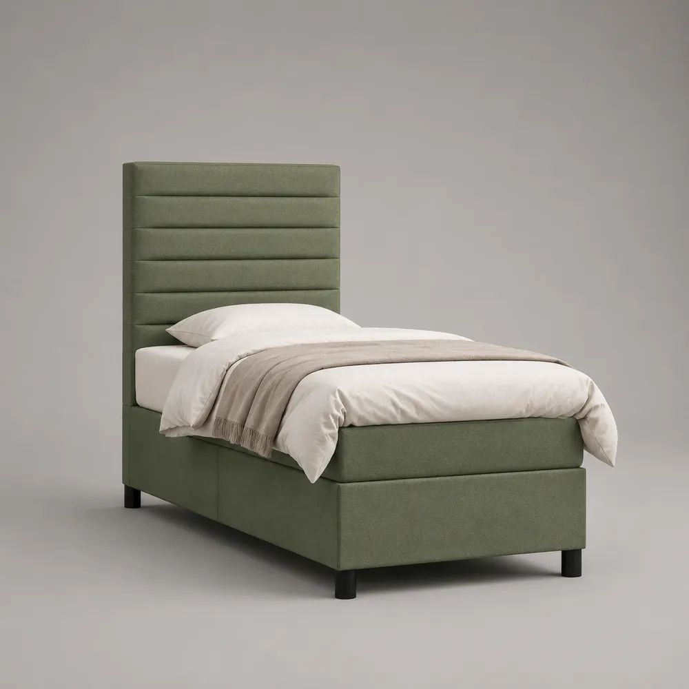 Letto singolo imbottito in tessuto verde salvia con testiera alta e rete a doghe, 100 x 210 x 140 cm, per materasso 90 x 200 cm