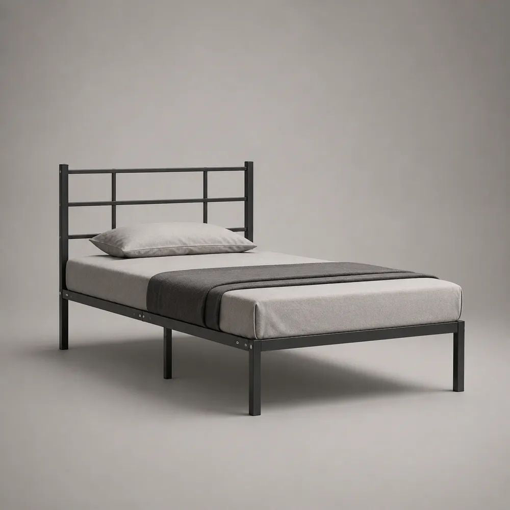 Letto singolo 90 x 200 cm in acciaio nero con testiera a griglia, 207 x 96 x 90 cm