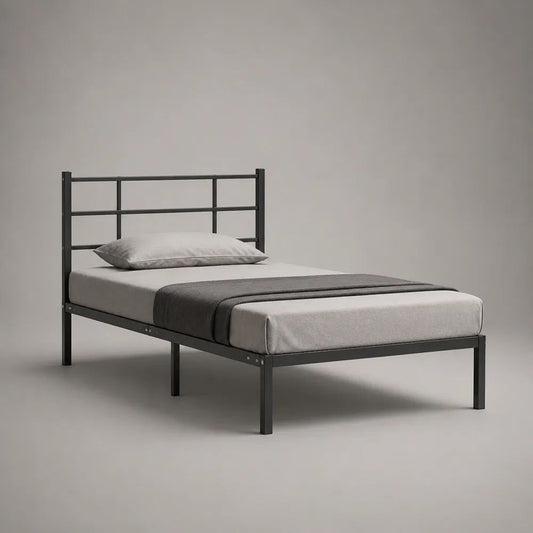 Letto singolo 90 x 200 cm in acciaio nero con testiera a griglia, 207 x 96 x 90 cm