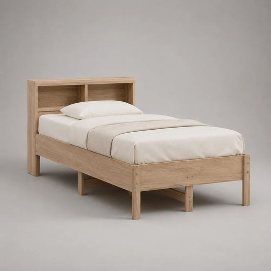 Letto singolo in legno massello di pino naturale con testiera libreria, rete 90 × 200 cm, dimensioni 99 × 218 × 110 cm