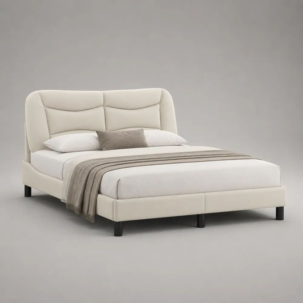 Letto matrimoniale imbottito in poliestere crema 180 x 220 x 115 cm, per materasso 160 x 200 cm, con testiera, rete a doghe e gambe nere