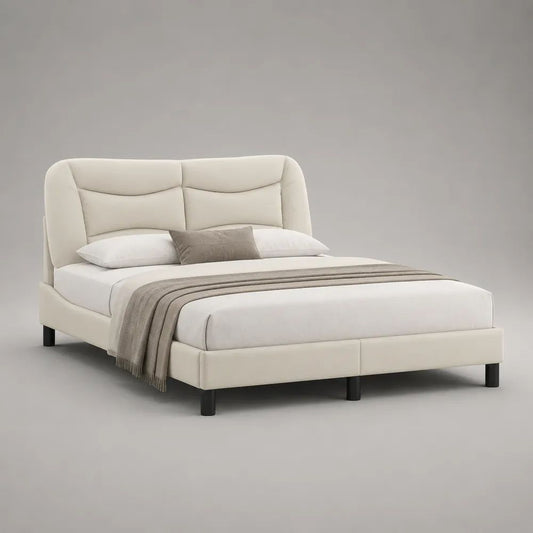 Letto matrimoniale imbottito in poliestere crema 180 x 220 x 115 cm, per materasso 160 x 200 cm, con testiera, rete a doghe e gambe nere