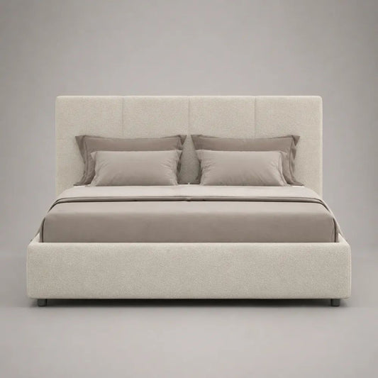 Letto matrimoniale imbottito in tessuto bouclé avorio, 180 x 215 x 120 cm, per materasso 160 x 200 cm